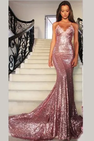 Gorgeous Rose Gold Spaghetti Straps V-neck Mermaid Sequins Sweep Train Prom Dress
