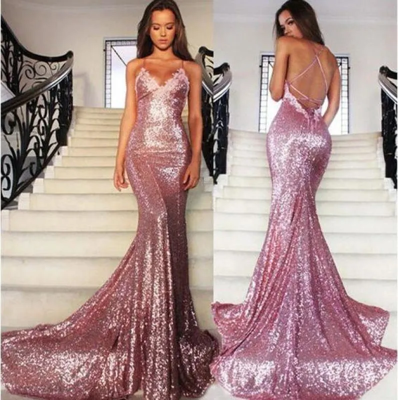 Gorgeous Rose Gold Spaghetti Straps V-neck Mermaid Sequins Sweep Train Prom Dress