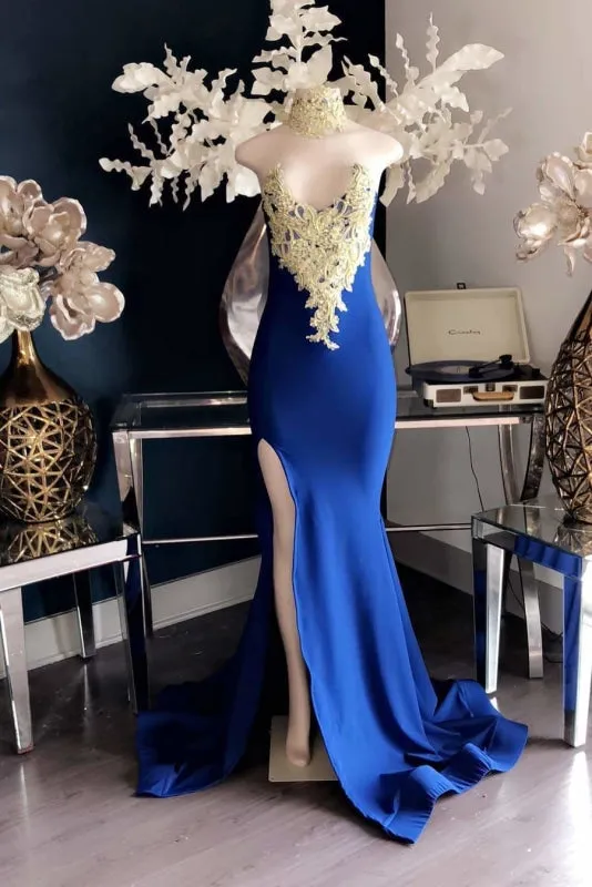 Gorgeous Sleeveless Side Slit Gold Lace Appliques Prom Gown