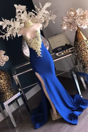 Gorgeous Sleeveless Side Slit Gold Lace Appliques Prom Gown