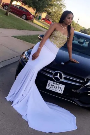 Gorgeous Strapless Sleeveless Lace Appliques Prom Dresses with Train