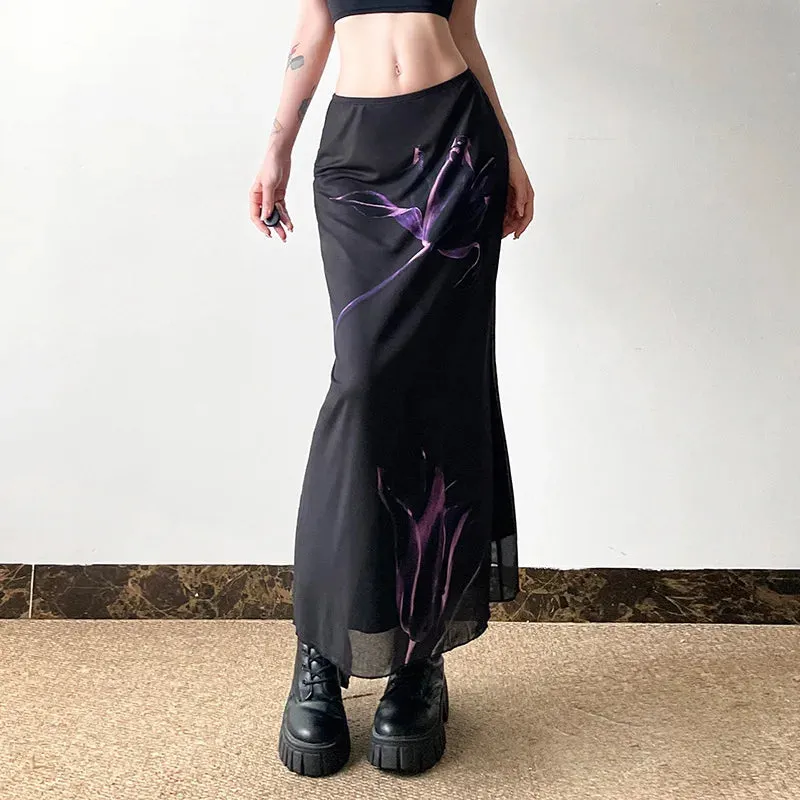 Gothic Dark Fairy Print Mesh Fishtail Skirt