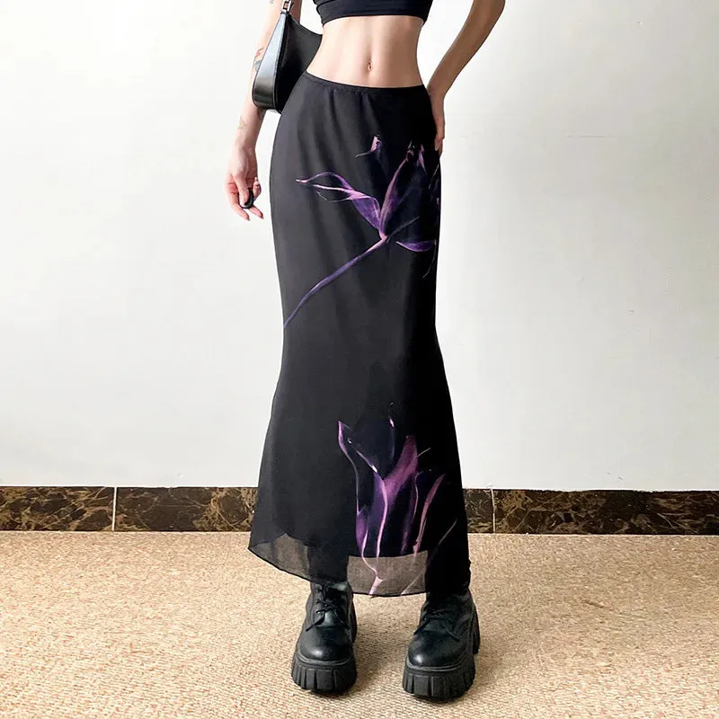 Gothic Dark Fairy Print Mesh Fishtail Skirt