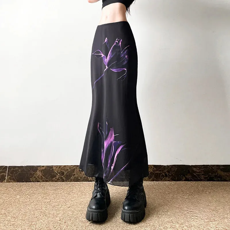 Gothic Dark Fairy Print Mesh Fishtail Skirt