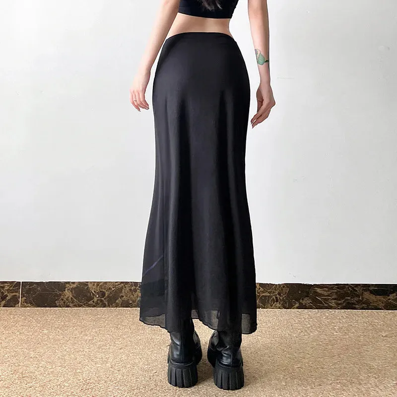 Gothic Dark Fairy Print Mesh Fishtail Skirt