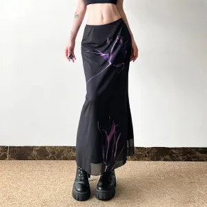 Gothic Dark Fairy Print Mesh Fishtail Skirt