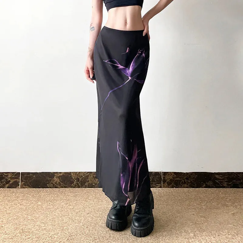Gothic Dark Fairy Print Mesh Fishtail Skirt