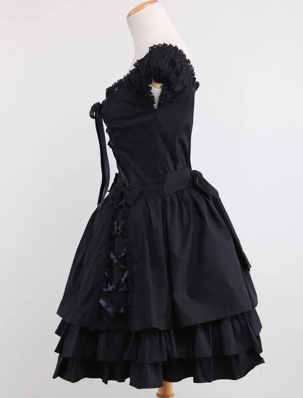 Gothic Lolita Dress OP Black Square Neck Short Sleeve Ruffle Tiered Lolita One Piece Dress