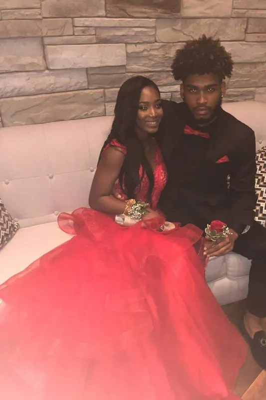 Graceful Red V Neck A Line Tulle Prom Dresses with Tulle