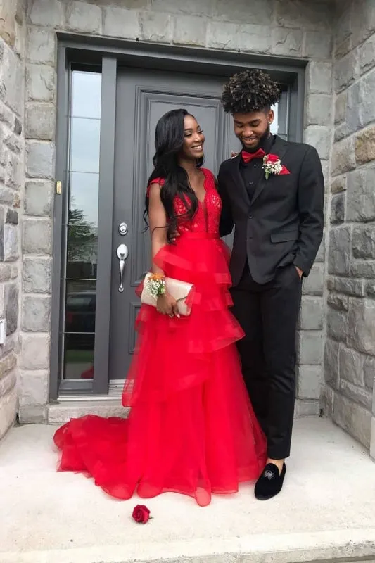 Graceful Red V Neck A Line Tulle Prom Dresses with Tulle