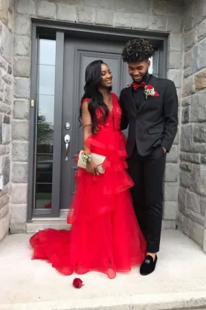 Graceful Red V Neck A Line Tulle Prom Dresses with Tulle
