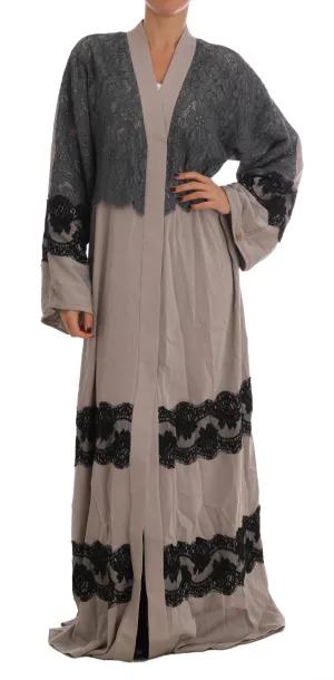 Gray Floral Applique Lace Kaftan Dress