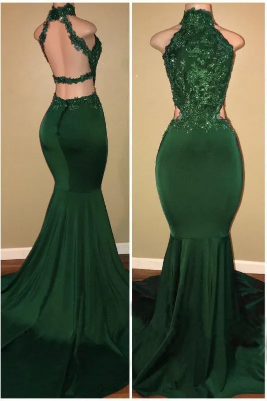Green High Neck Sleeveless Mermaid Long Prom with Appliques Sexy Party Dress