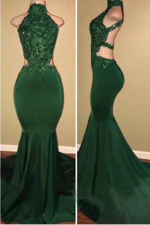 Green High Neck Sleeveless Mermaid Long Prom with Appliques Sexy Party Dress