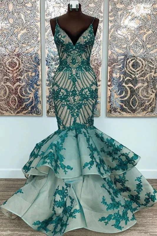 Green Lace Spaghetti Straps Long Mermaid Dress Tulle Prom Dress