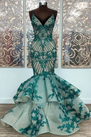 Green Lace Spaghetti Straps Long Mermaid Dress Tulle Prom Dress