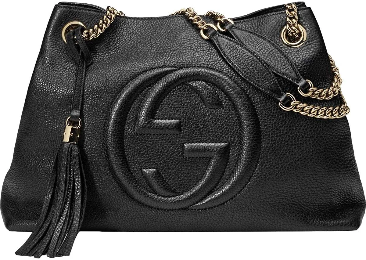 Gucci Soho Fringe Black Medium Leather Purse Bag Gold Chain Shoulder Handbag NEW
