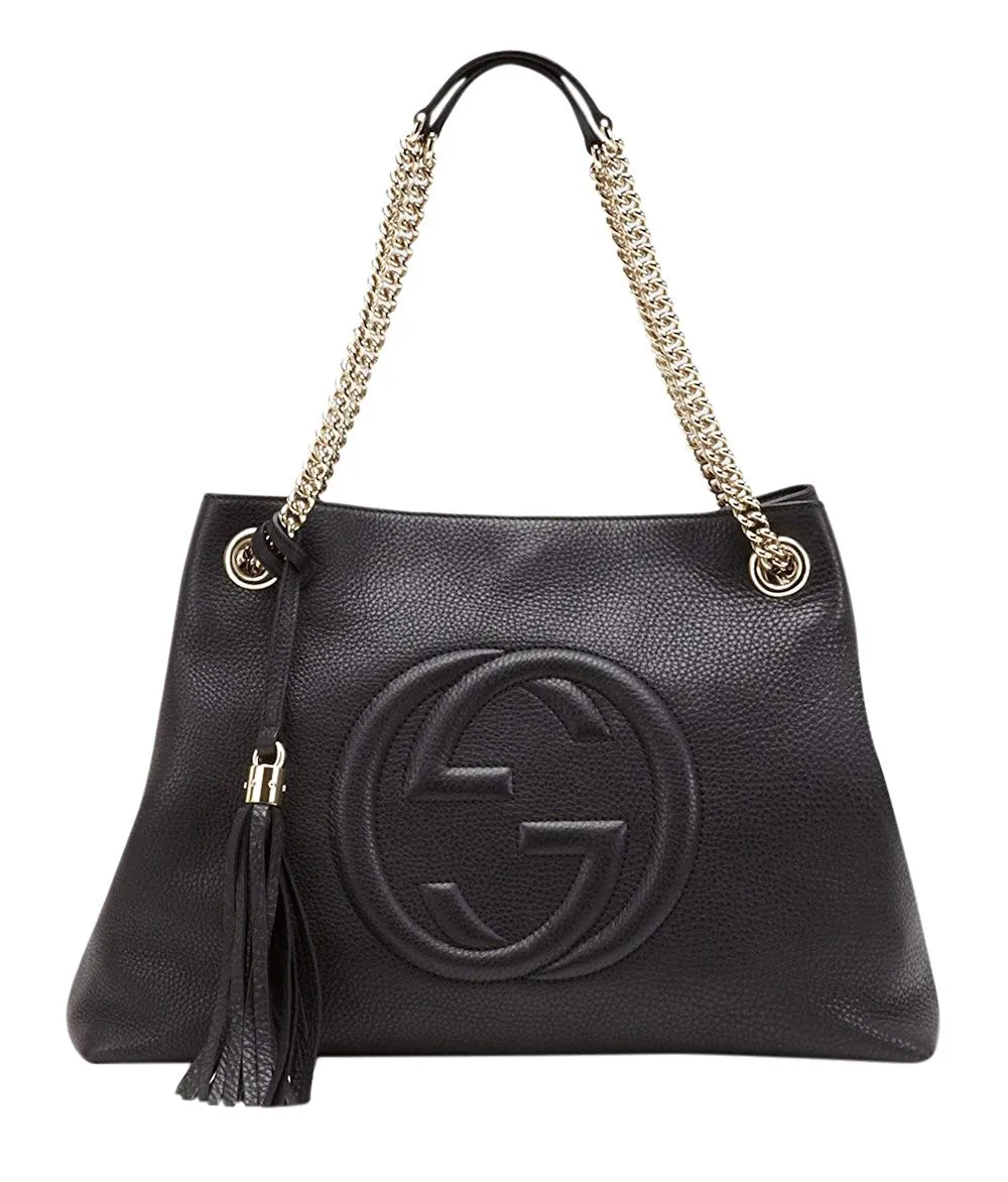 Gucci Soho Fringe Black Medium Leather Purse Bag Gold Chain Shoulder Handbag NEW