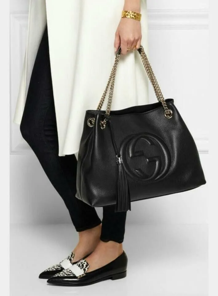 Gucci Soho Fringe Black Medium Leather Purse Bag Gold Chain Shoulder Handbag NEW