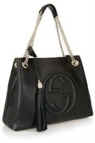Gucci Soho Fringe Black Medium Leather Purse Bag Gold Chain Shoulder Handbag NEW
