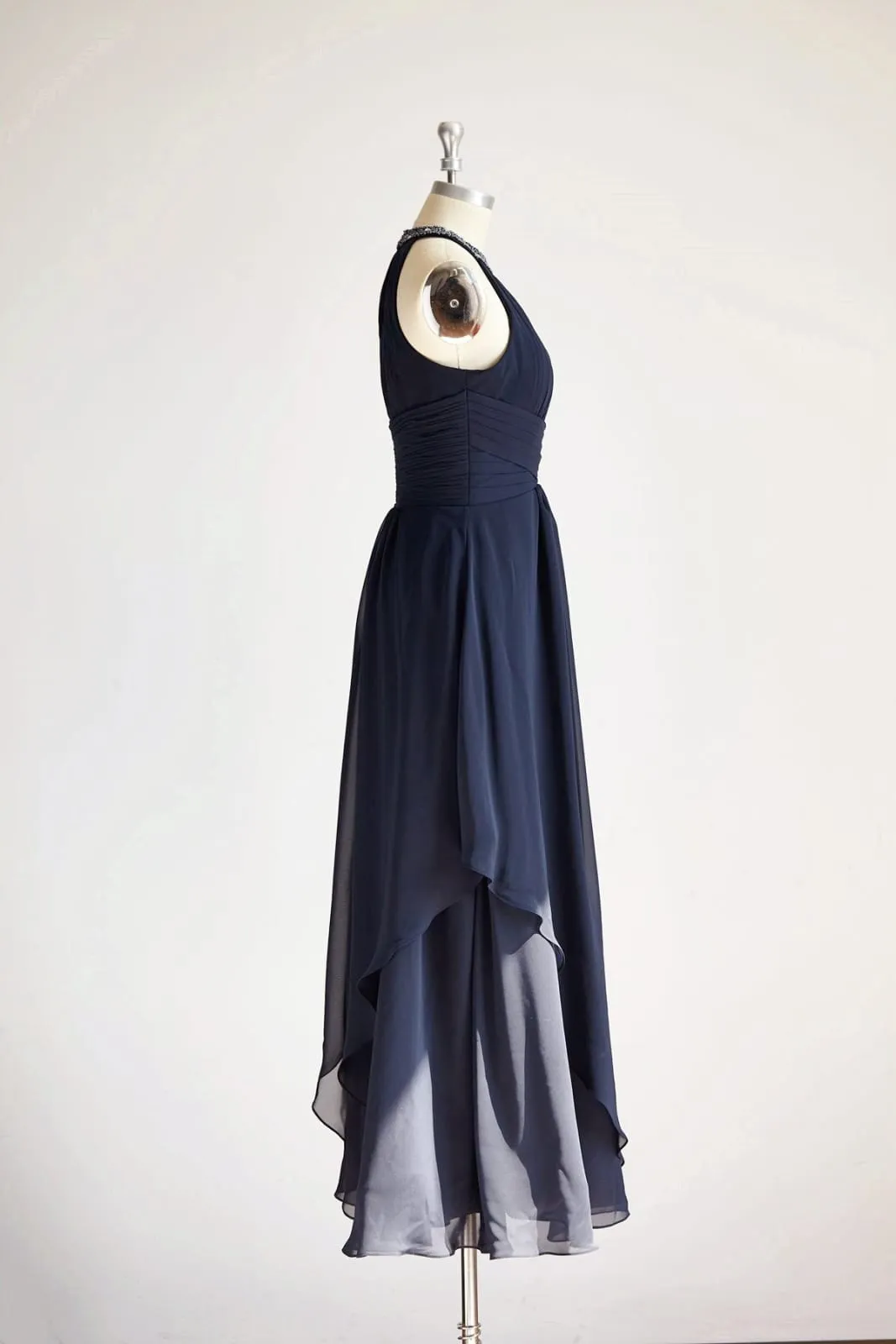 Halter Navy Blue Beaded Chiffon Long Wedding Bridesmaid Dress