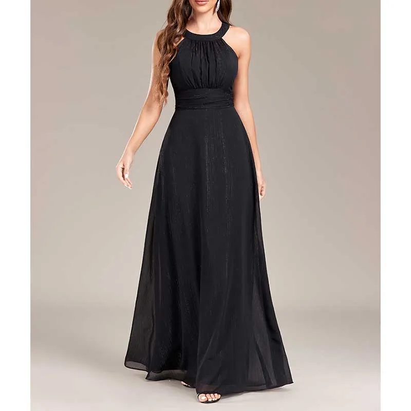 Halter Neck Wedding Guest Dress Black Backless Long Evening Dress Bridesmaid Dress