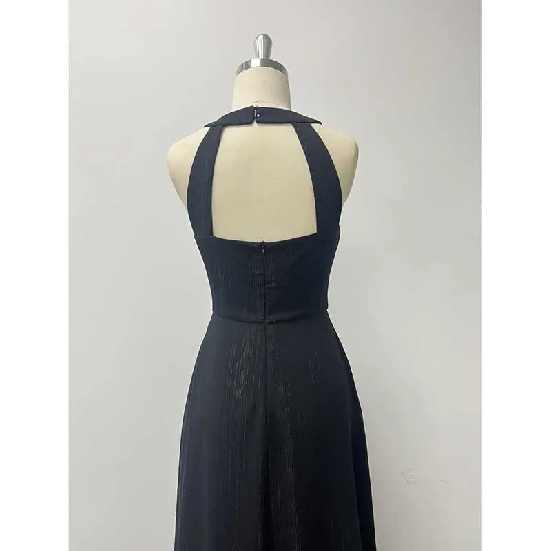 Halter Neck Wedding Guest Dress Black Backless Long Evening Dress Bridesmaid Dress