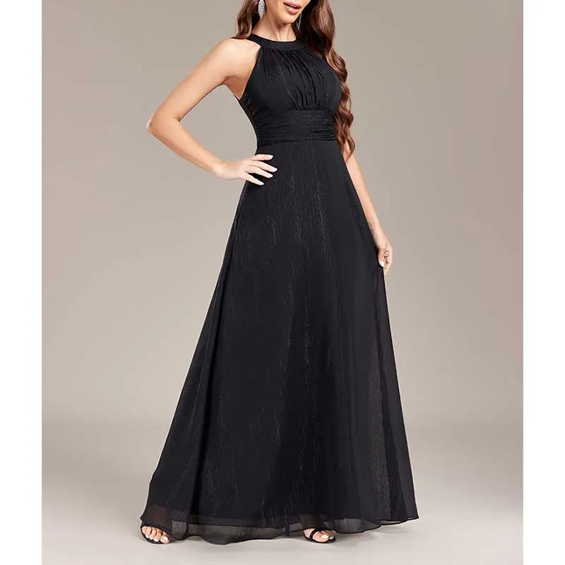 Halter Neck Wedding Guest Dress Black Backless Long Evening Dress Bridesmaid Dress
