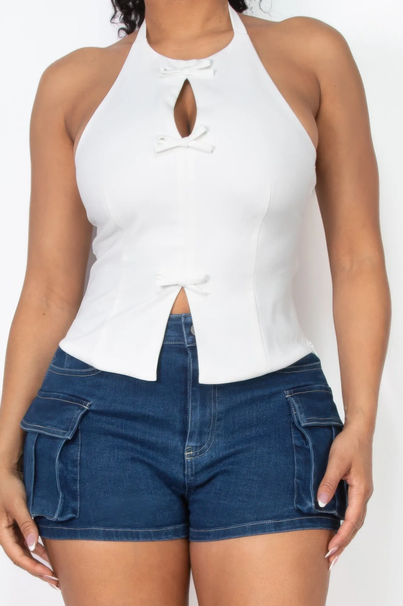 Halter ribbon open-back crop top
