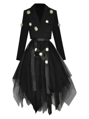 Havanah  Long Sleeve Applique Short Coat   Asymmetrical Mesh Skirts 2 Piece Set