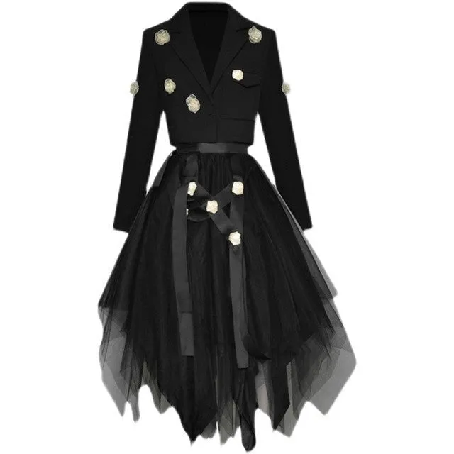 Havanah  Long Sleeve Applique Short Coat   Asymmetrical Mesh Skirts 2 Piece Set