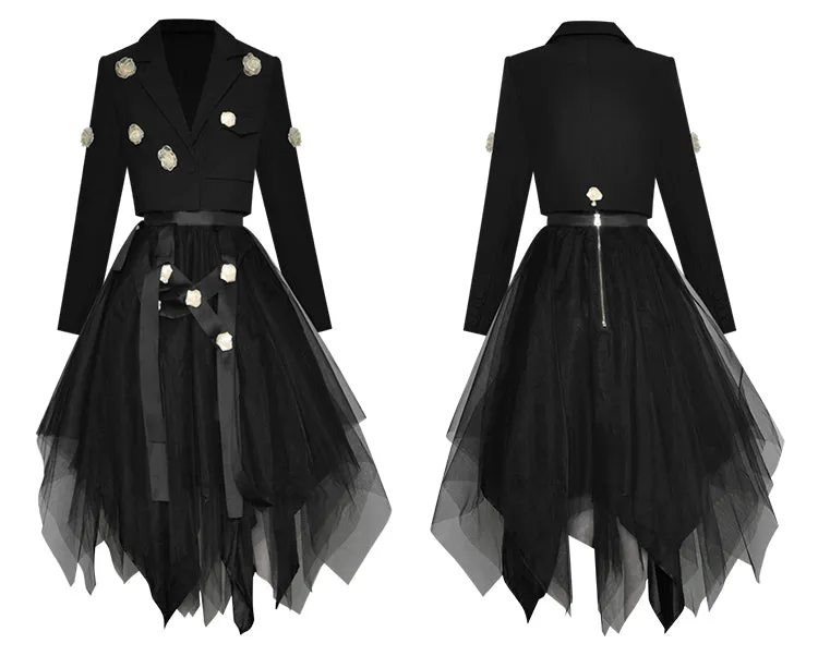 Havanah  Long Sleeve Applique Short Coat   Asymmetrical Mesh Skirts 2 Piece Set