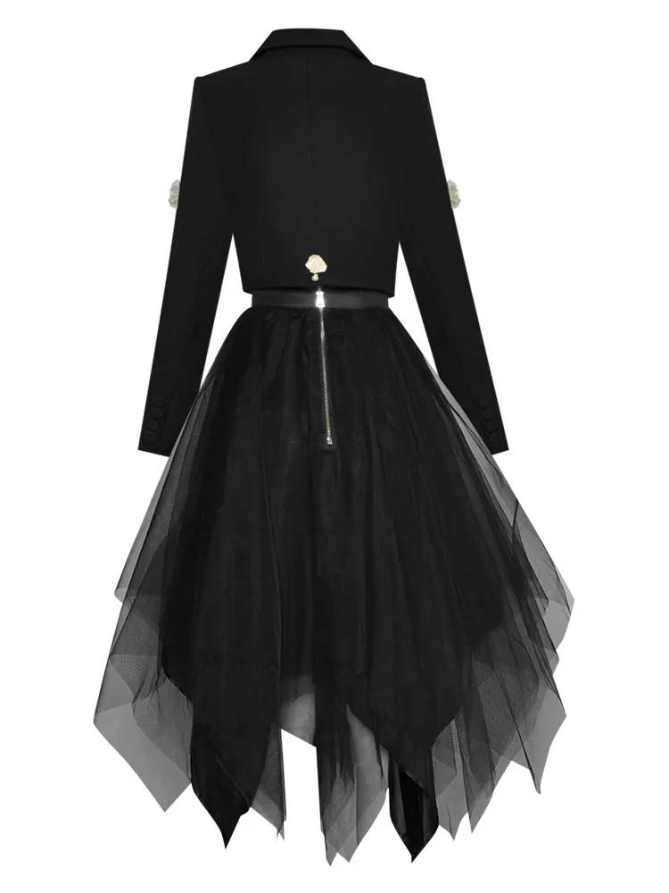 Havanah  Long Sleeve Applique Short Coat   Asymmetrical Mesh Skirts 2 Piece Set
