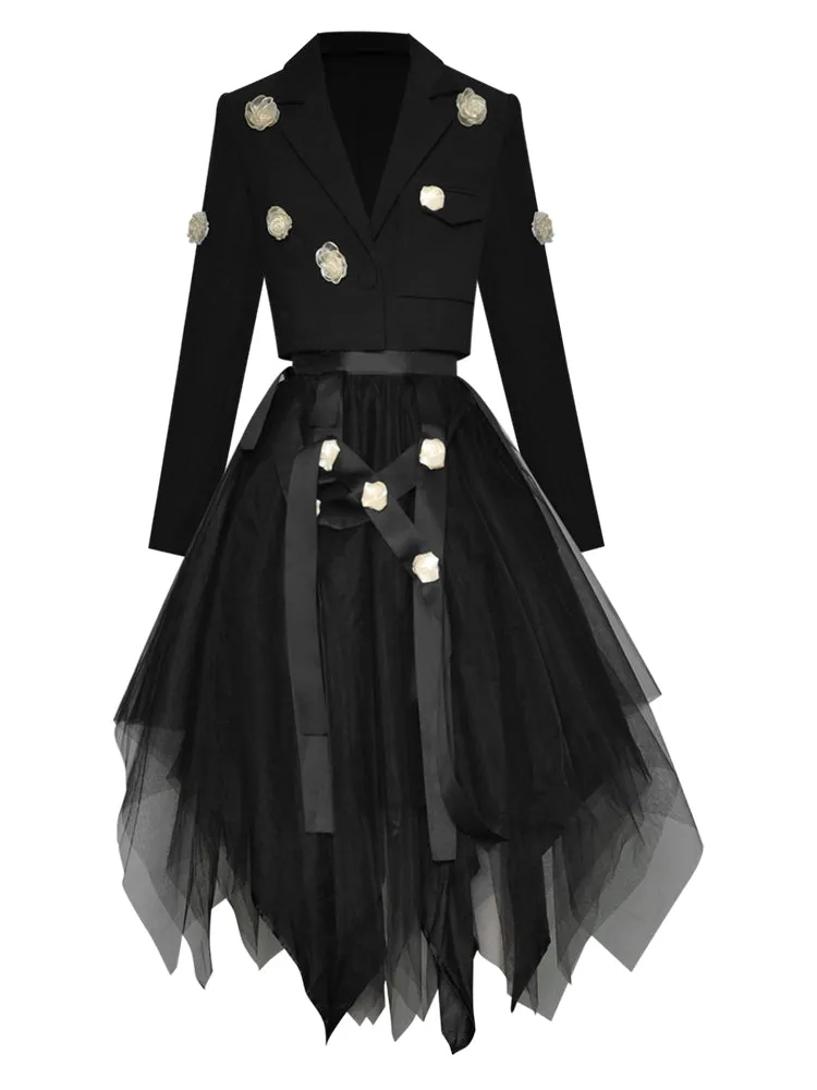 Havanah  Long Sleeve Applique Short Coat   Asymmetrical Mesh Skirts 2 Piece Set