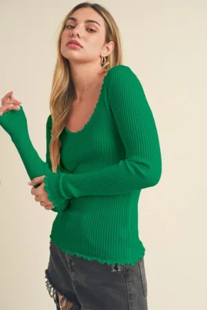 Hazel Blues® |  Aemi   Co Lettuce Hem Scoop Neck Long Sleeve Knit Top