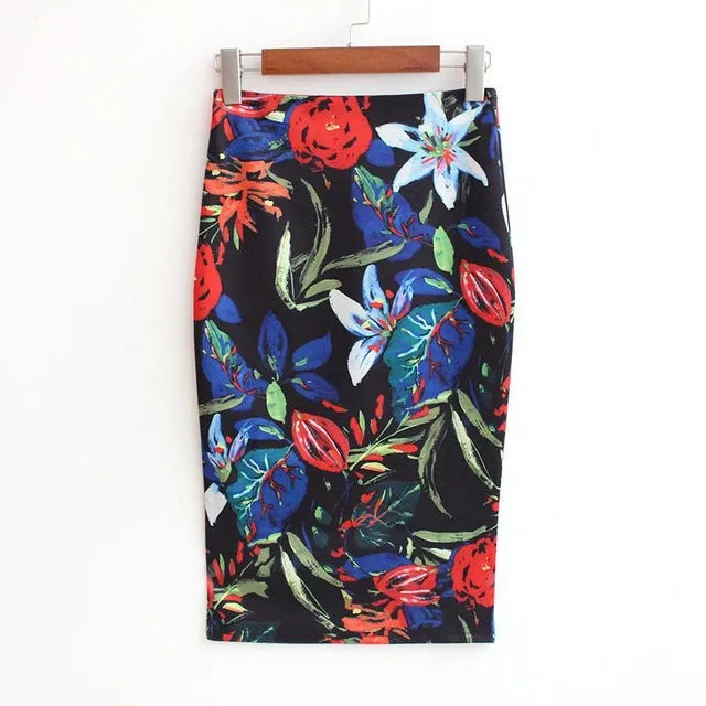 Hermicci 2018 Summer Style Pencil Skirt Women High Waist Green Skirts Vintage Elegant Bodycon Floral Print Midi Skirt