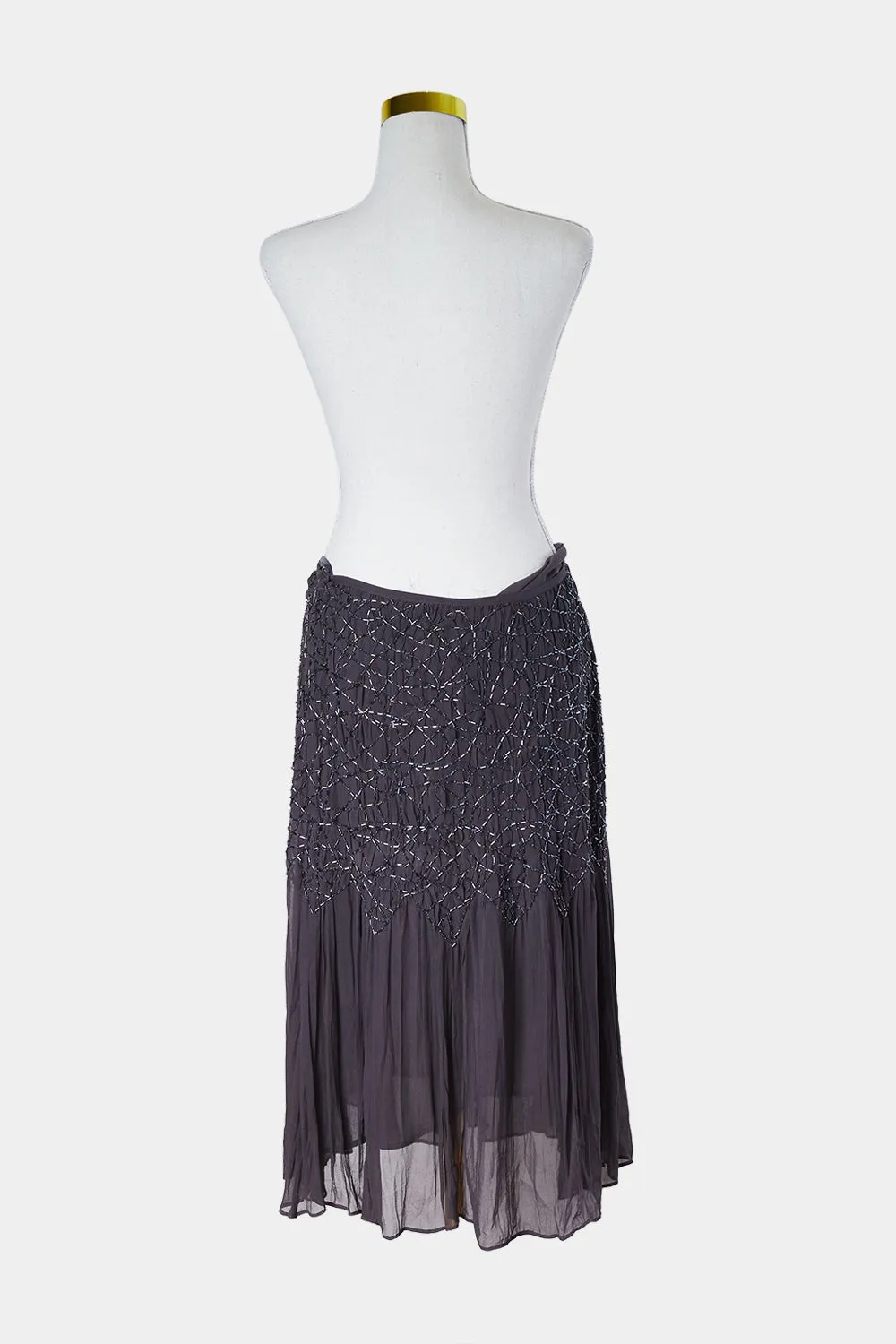 JACQUI-E Gunmental Bead Waist Silk Midi Skirt