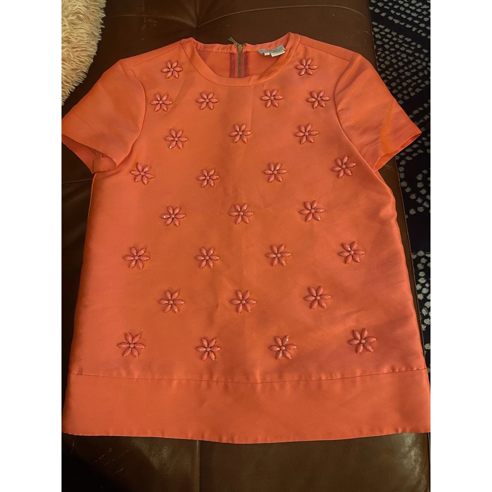 KATE SPADE NEW YORK Women's Floral Cluster Silk Beaded Embellished Top – Neon Pink, Size 0