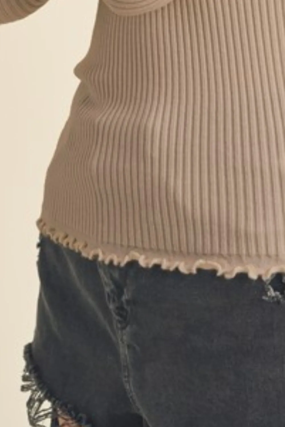 Khaki Lettuce Hem Scoop Neck Long Sleeve Knit Top