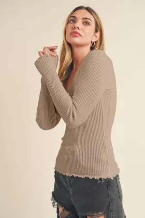 Khaki Lettuce Hem Scoop Neck Long Sleeve Knit Top