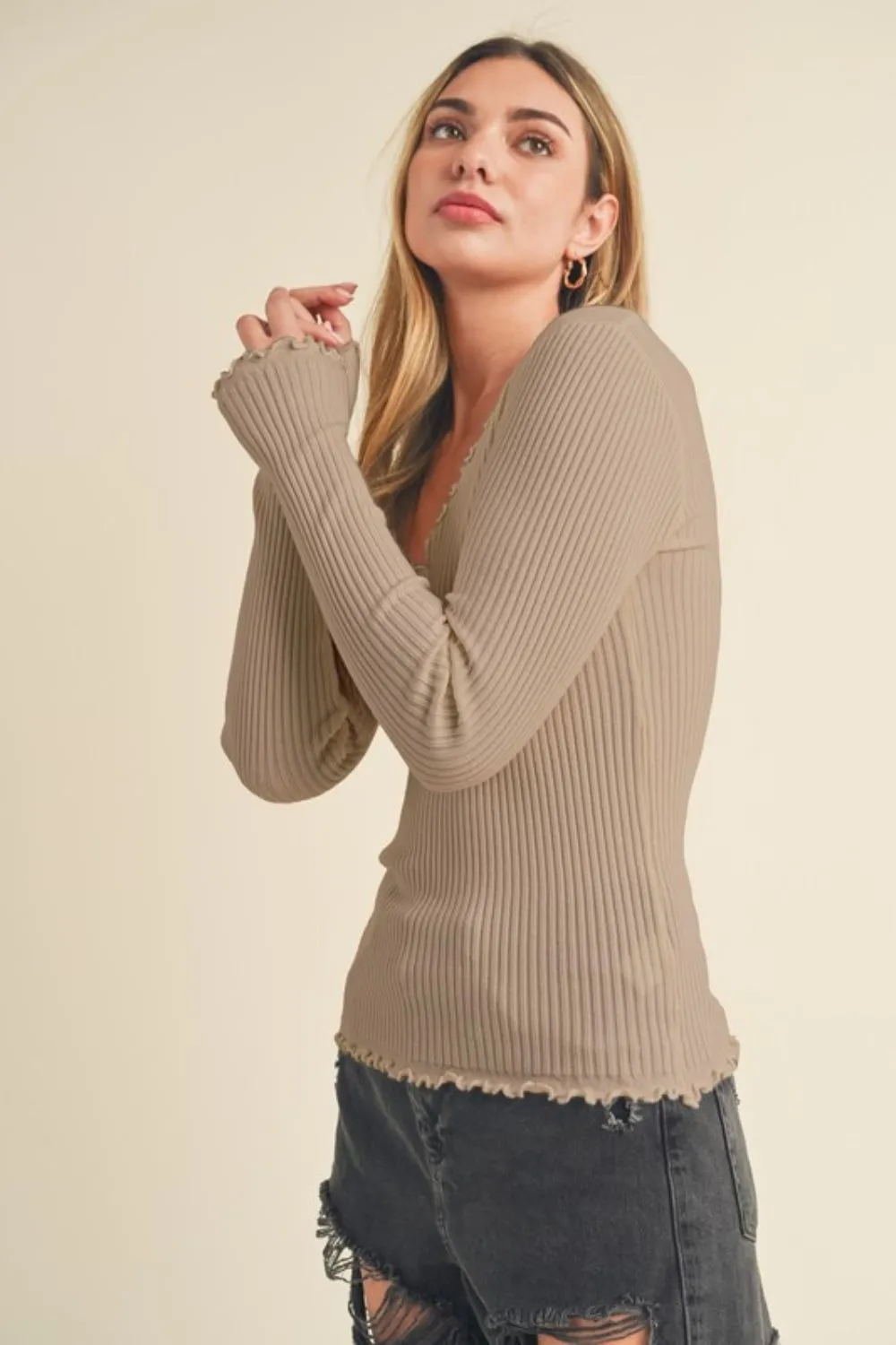 Khaki Lettuce Hem Scoop Neck Long Sleeve Knit Top