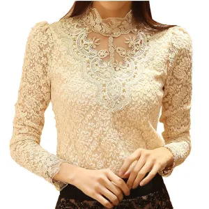 Lace Blouse Elegant Long Sleeve Beaded Bodysuit Women Shirts Crochet Lace Tops Women