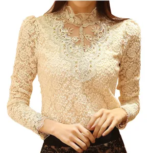 Lace Blouse Elegant Long Sleeve Beaded Bodysuit Women Shirts Crochet Lace Tops Women