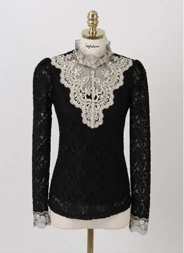 Lace Blouse Elegant Long Sleeve Beaded Bodysuit Women Shirts Crochet Lace Tops Women