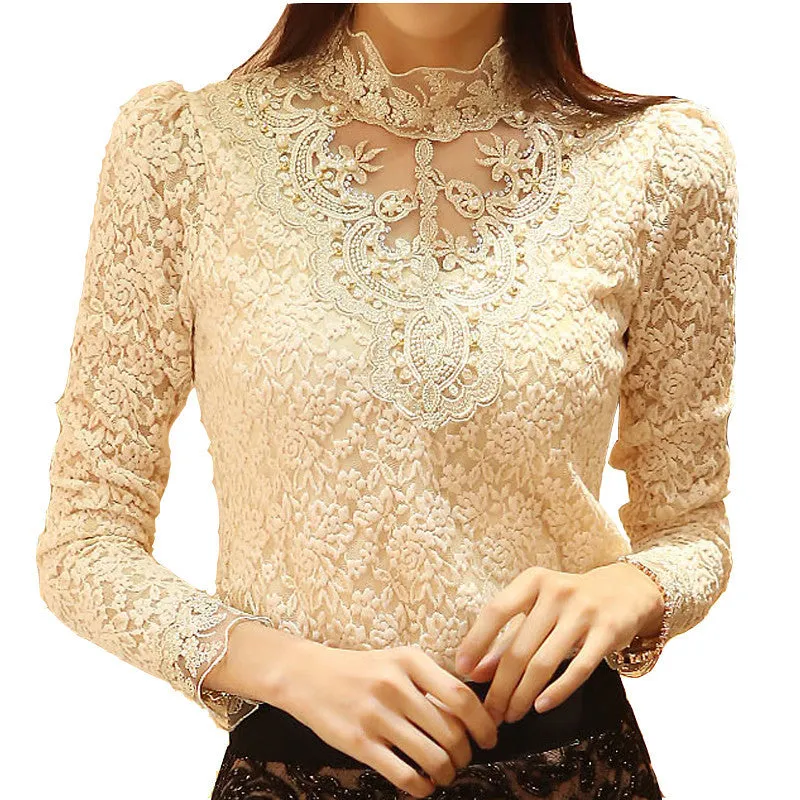 Lace Blouse Elegant Long Sleeve Beaded Bodysuit Women Shirts Crochet Lace Tops Women
