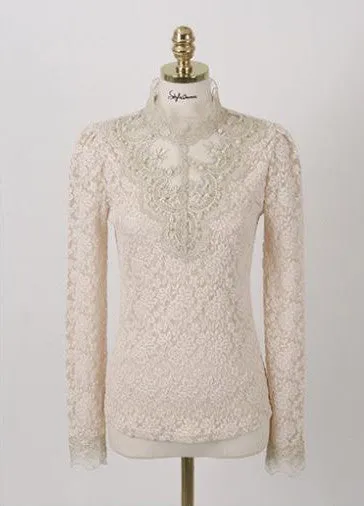 Lace Blouse Elegant Long Sleeve Beaded Bodysuit Women Shirts Crochet Lace Tops Women