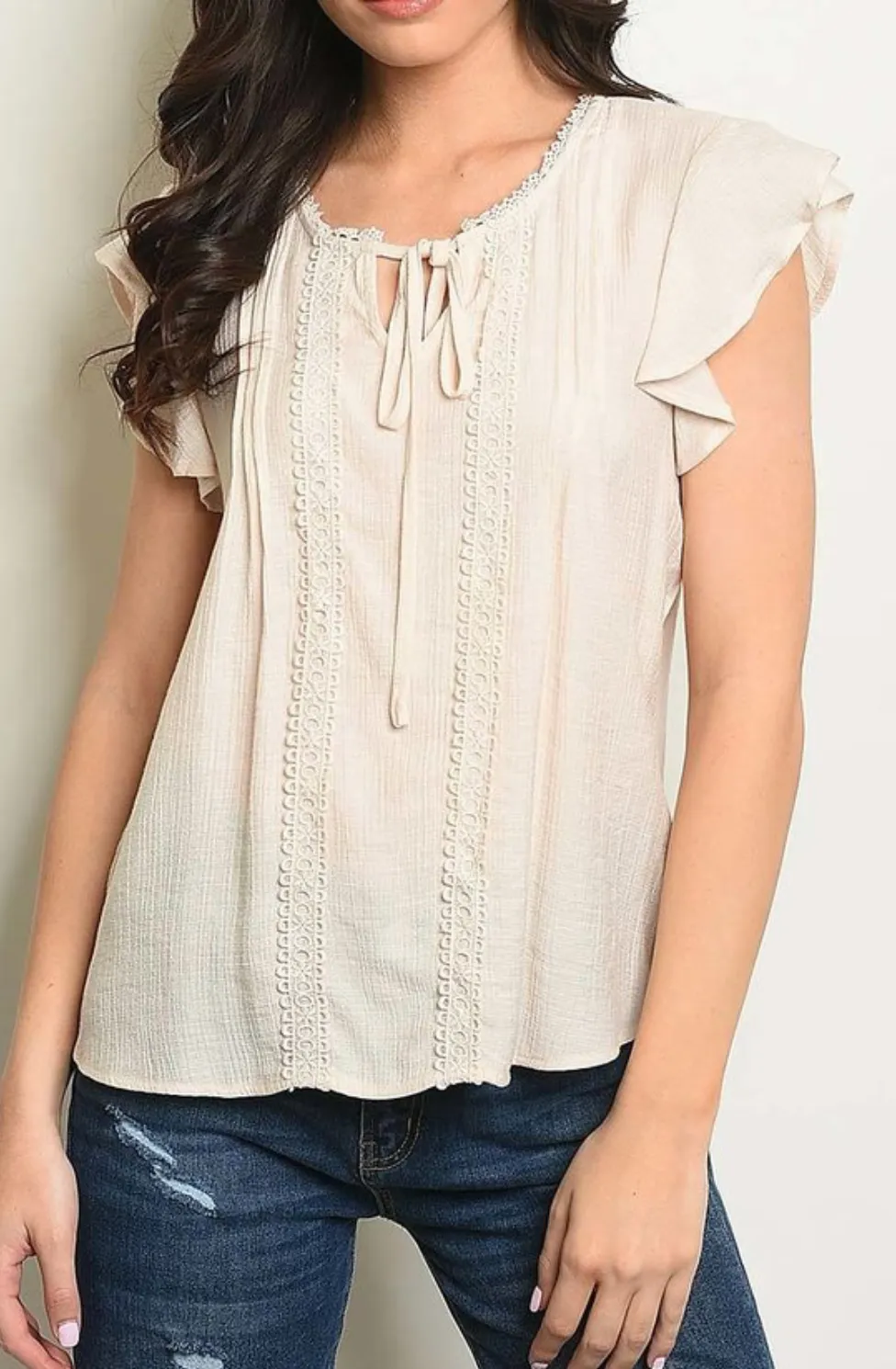 Lace Trim Ruffle Sleeve Top - Natural
