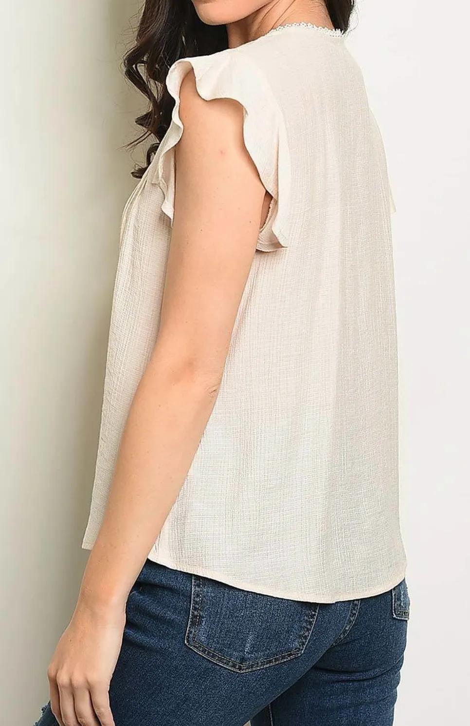 Lace Trim Ruffle Sleeve Top - Natural
