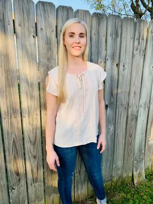 Lace Trim Ruffle Sleeve Top - Natural