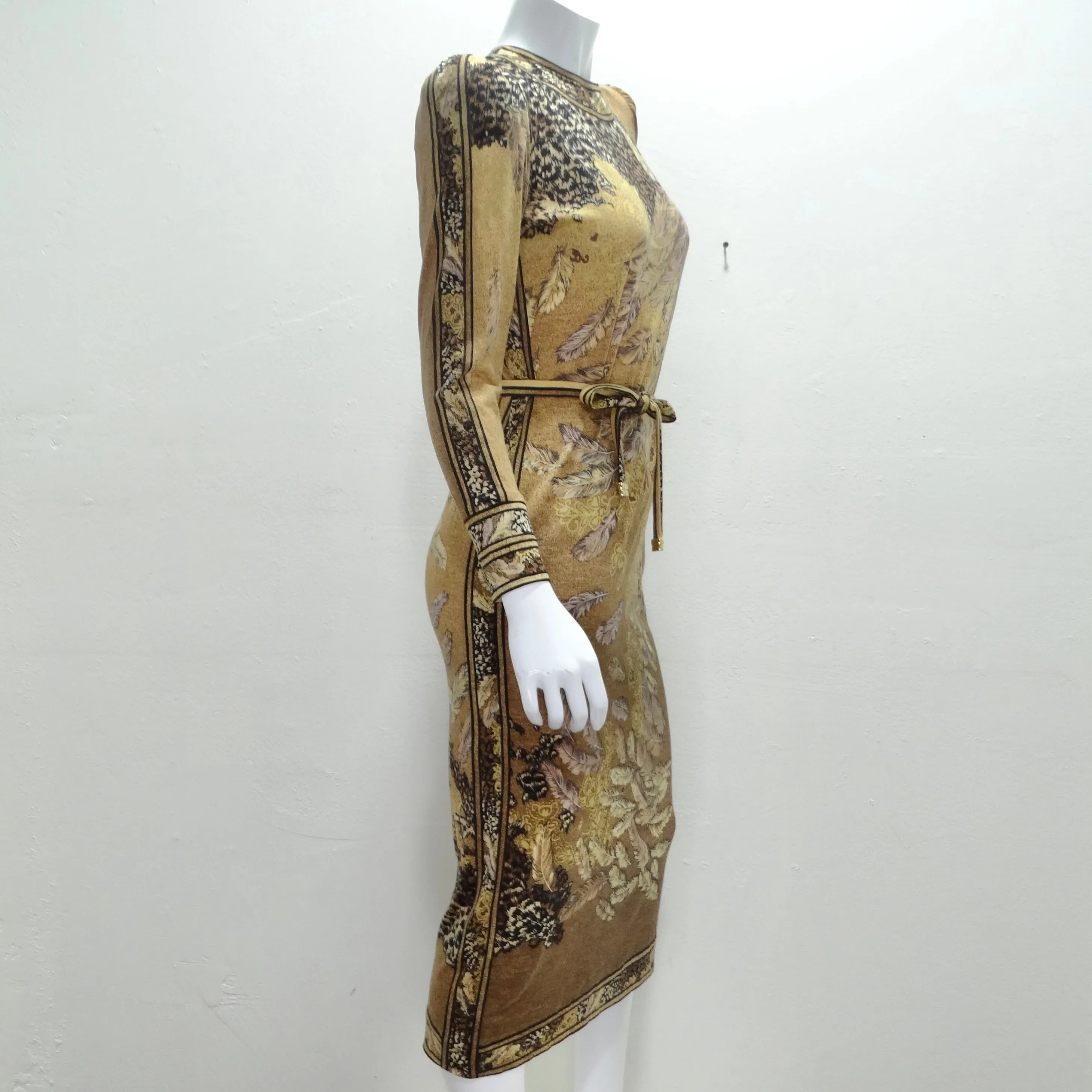 Le Nard 1980s Belted Long Sleeve Feather Print Dress